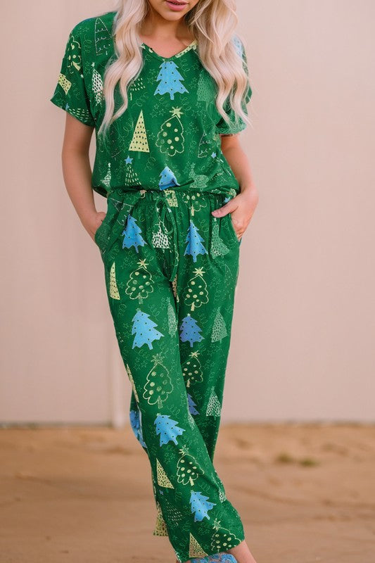 Christmas Tree Print Tee and Pants Lounge Set