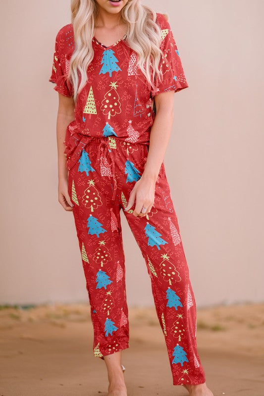 Christmas Tree Print Tee and Pants Lounge Set