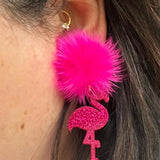 Mardi Gras Pink Pom Pom Flamingo Earrings
