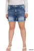 PLUS MID RISE RAW FRAYED HEM DENIM SHORTS